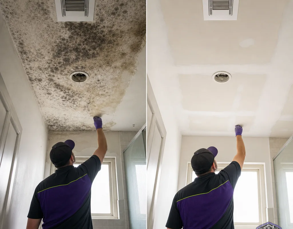 Before and after mold remediation of a Sacramento bathroom ceiling