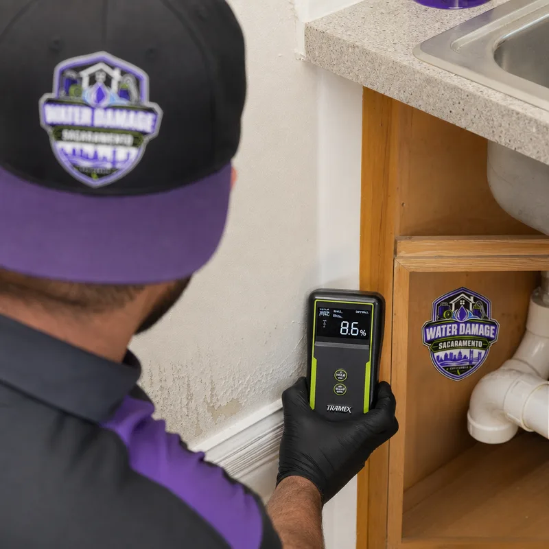 Moisture meter checking drywall near a kitchen sink after drying