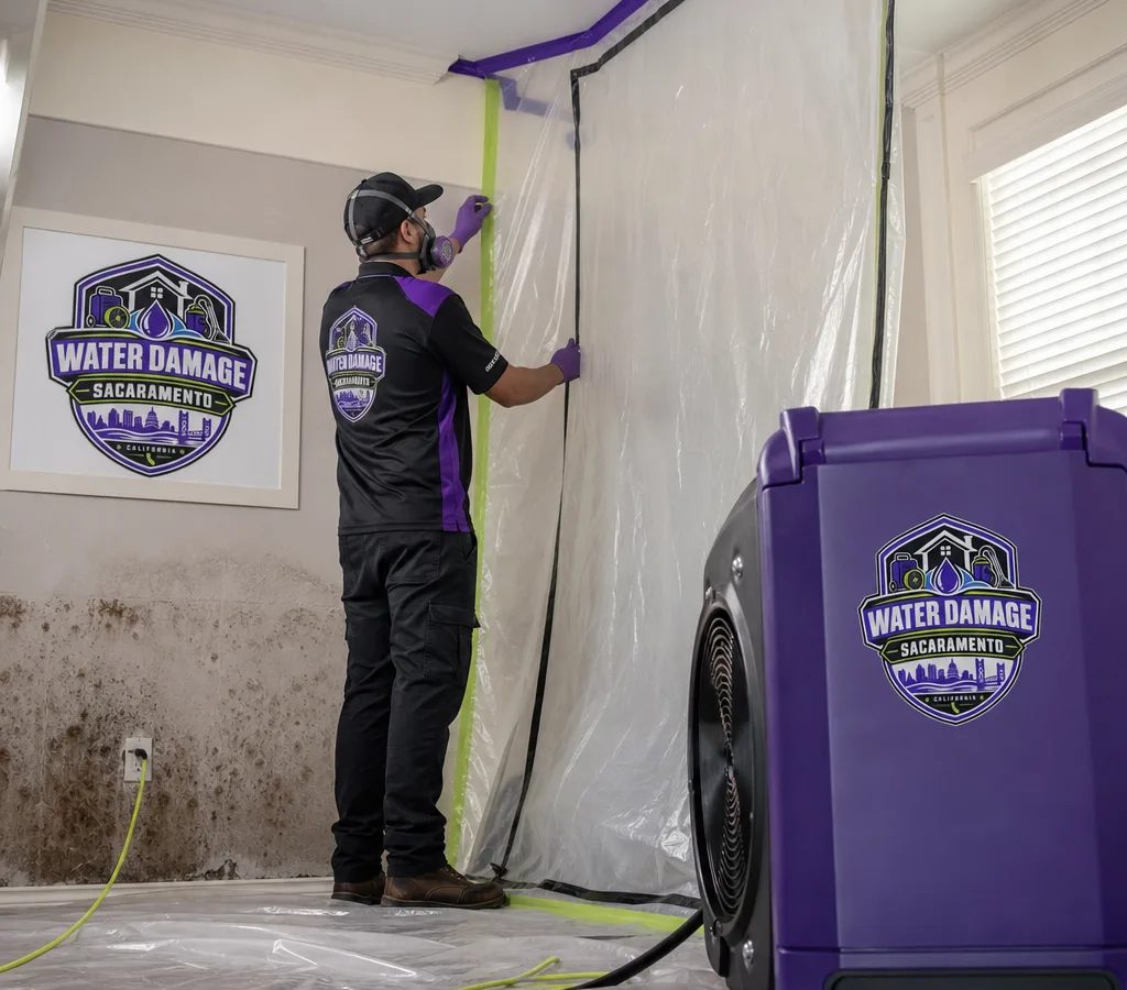 Technician in PPE setting containment and a HEPA air scrubber in a Sacramento home