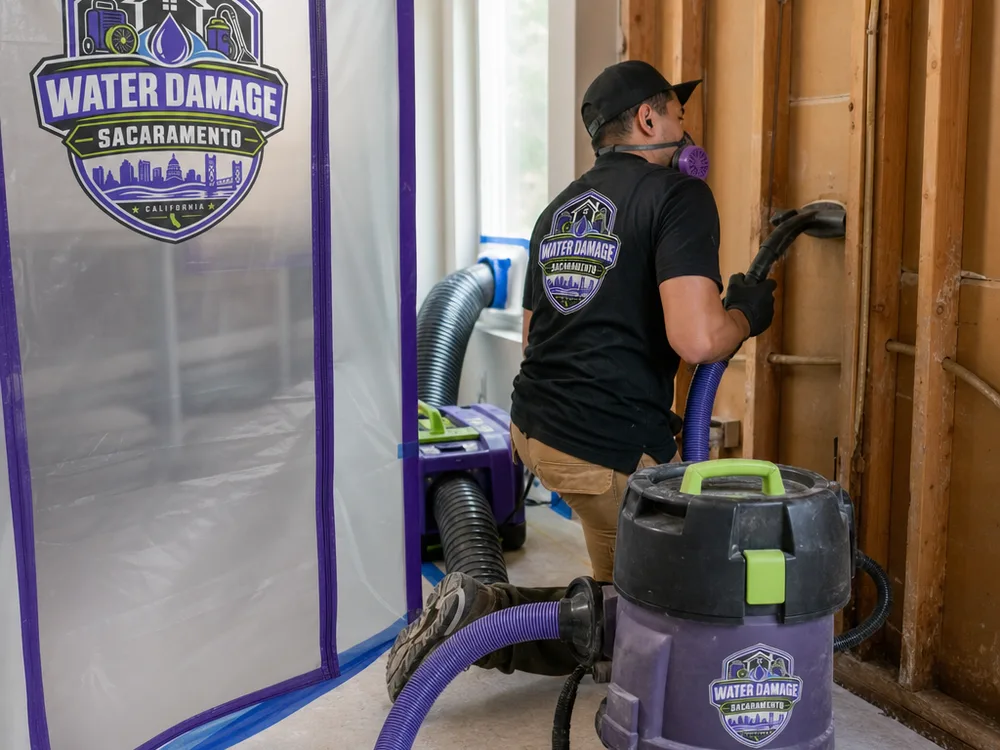 Contained mold remediation area with negative air equipment and HEPA vacuum