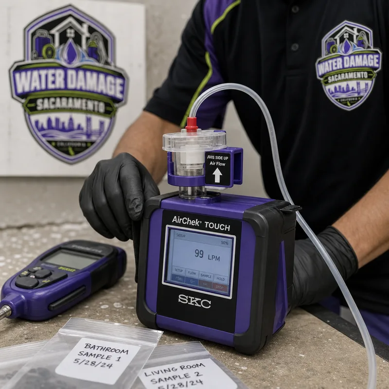 Calibrated air sampling pump drawing air through a spore trap cassette beside a moisture meter and labeled sample bags