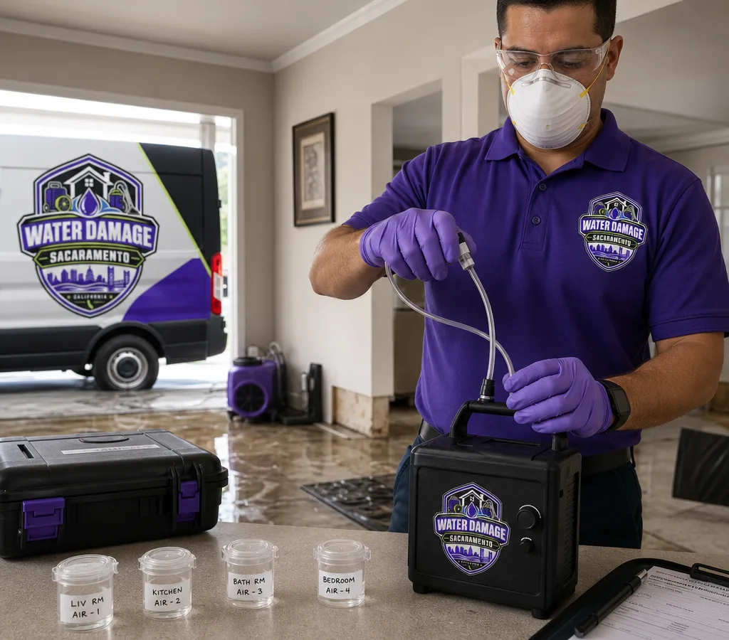 Technician in PPE collecting an air sample in a Sacramento home with a portable air pump and labeled cassettes