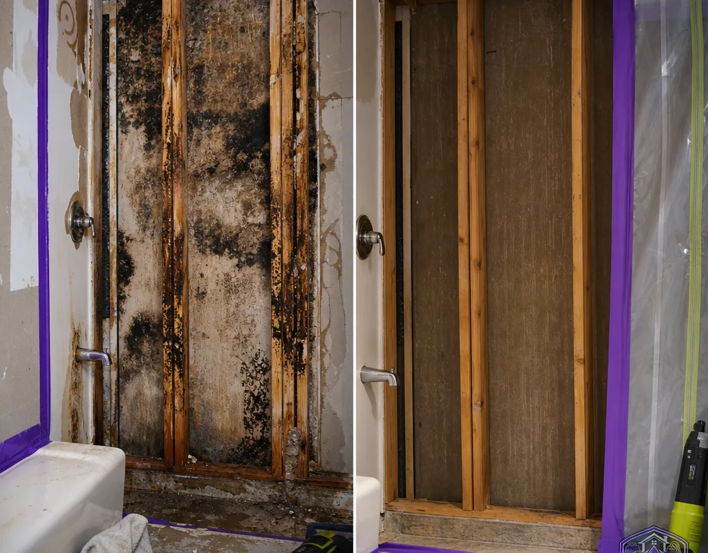 Before-and-after view of a moisture-affected bathroom wall cavity before removal and after framing cleanup