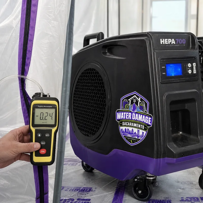 HEPA air scrubber operating inside sealed containment with pressure monitoring visible