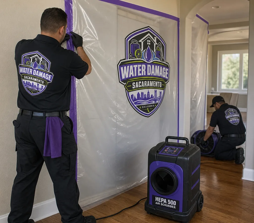 Technicians in protective gear setting up containment and a HEPA air scrubber inside a Sacramento home