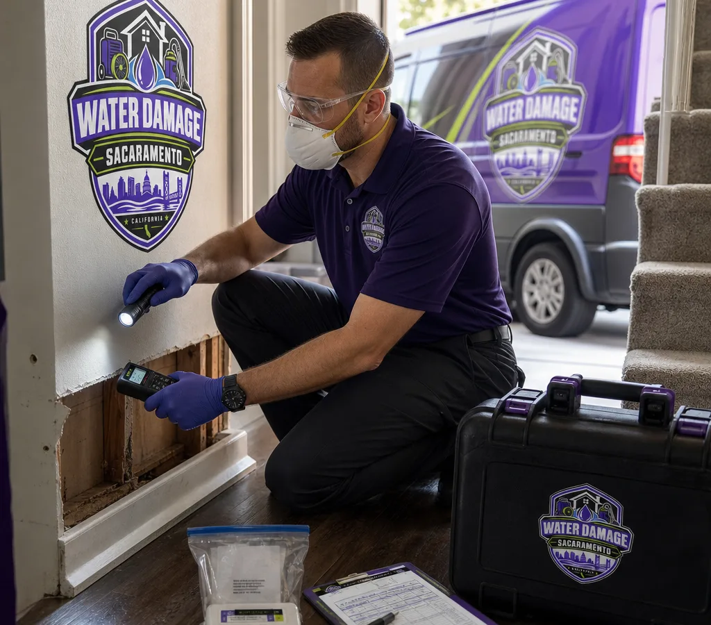 Inspector in PPE examining drywall and baseboards with a moisture meter in a Sacramento home