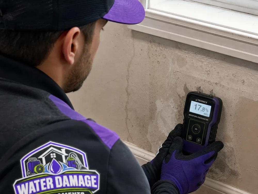 Inspector using a moisture meter on drywall near a window sill