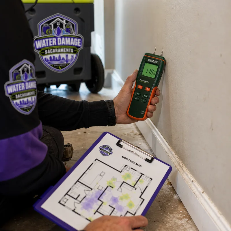 Technician taking moisture readings on drywall and baseboards beside a moisture map