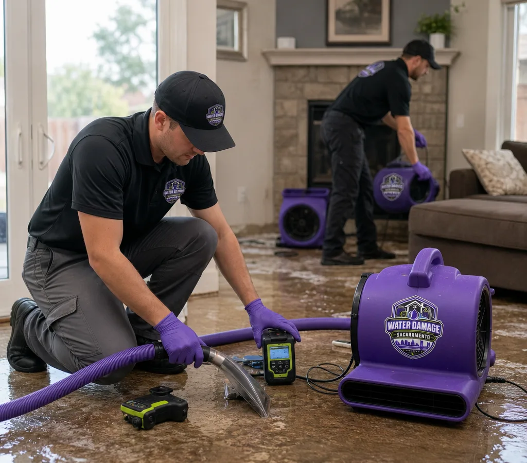 Technicians extracting water and placing drying equipment in a Sacramento home