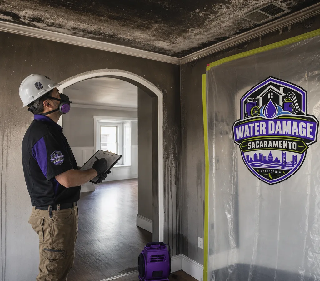Technician in protective gear assessing fire and smoke damage inside a Sacramento home with soot lines and a contained work area
