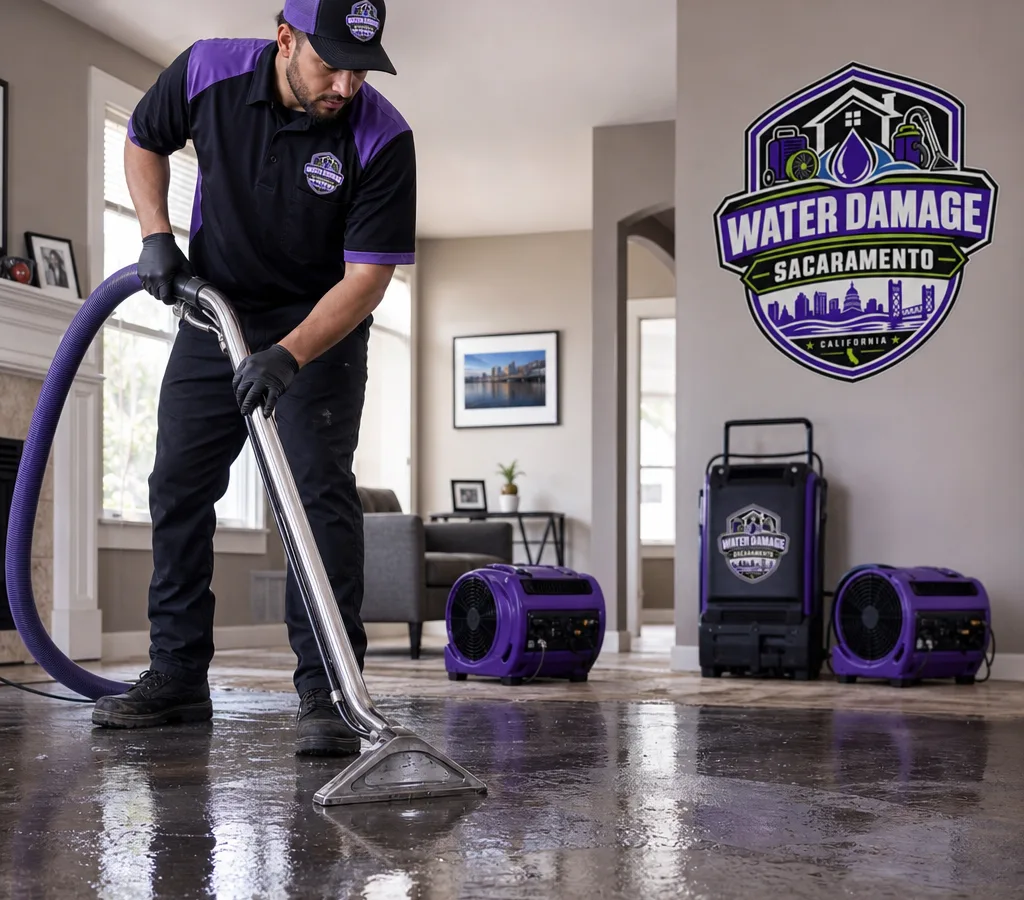 Technician extracting water from a wet living-room floor in a Sacramento home