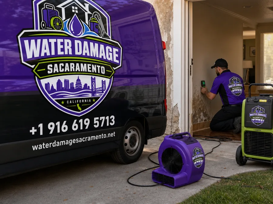 Restoration technician checking moisture at baseboards while drying equipment runs