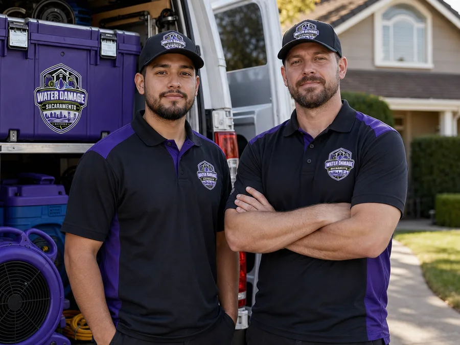Water damage restoration technicians beside a loaded work van at a Sacramento residence