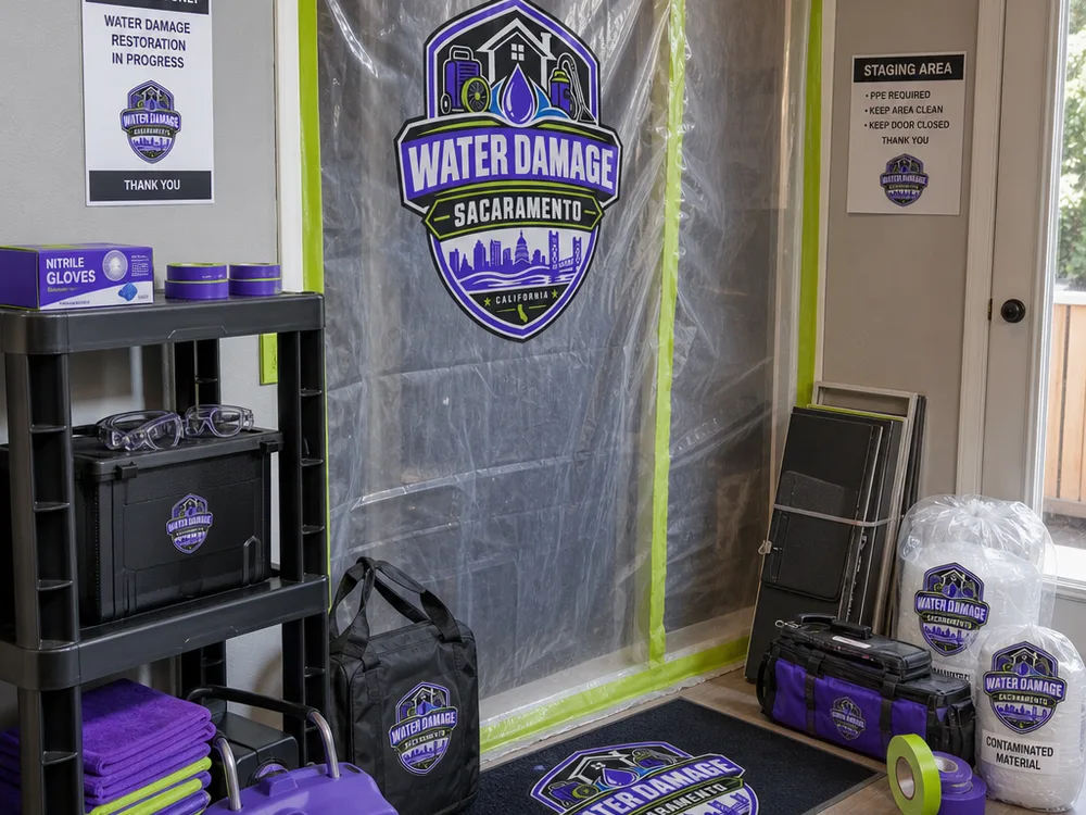 Organized containment entrance with PPE, sealed bags, tacky mats and labeled tools